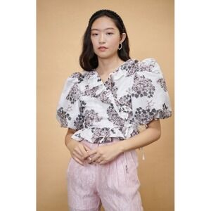 Sister Jane Celandine Jacquard Wrap Top Puff Sleeve Medium